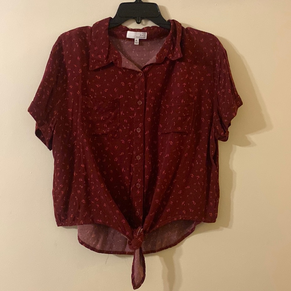 Burgundy floral button down shirt with tie